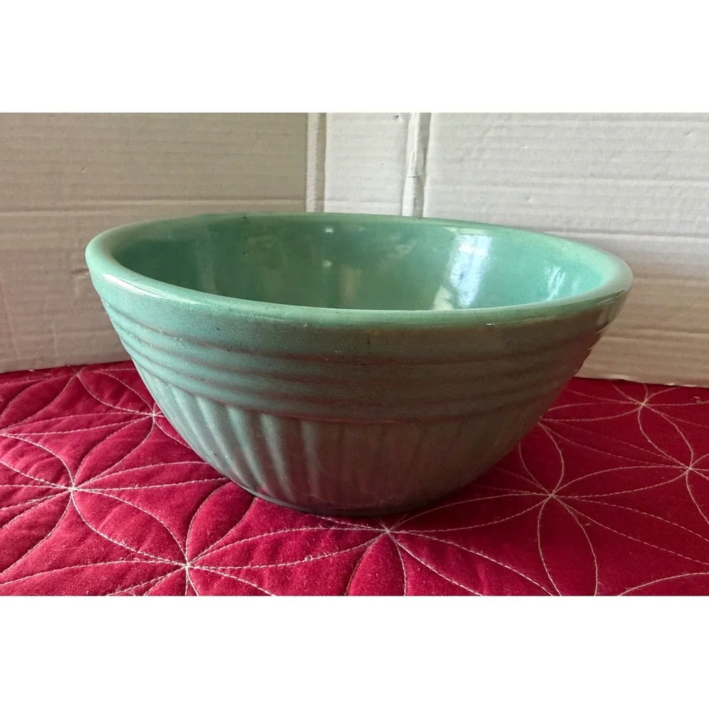 Vintage Teal Green Ribbed Stoneware Mixing Bowl Ceramic Farmhouse Kitchen Decor